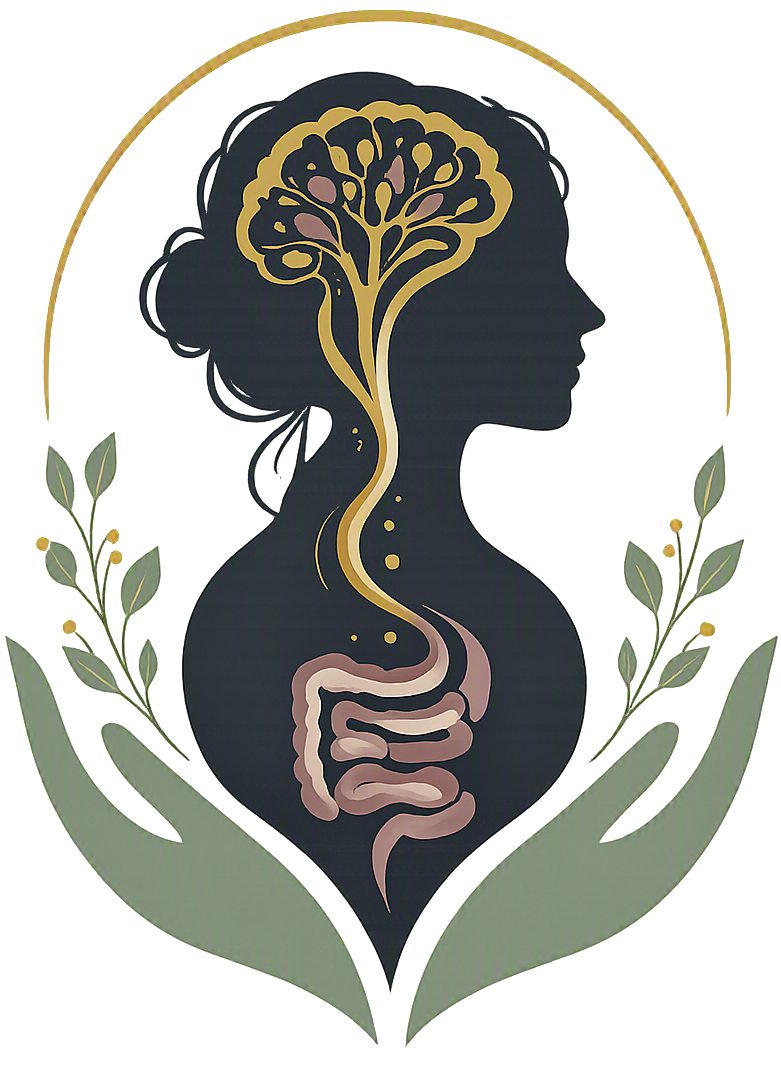 Integrated Somatic Psychiatry logo: a woman's silhouette showing the gut-brain connection framed by leaves and hands